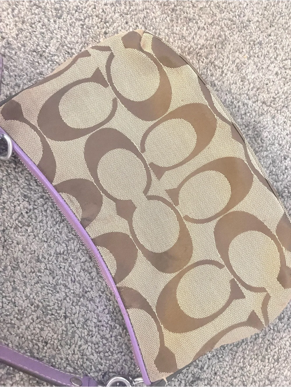 Coach Signature Canvas Shoulder Bag with Purple Trim